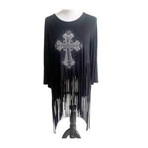 L&B Western Wear Women’s Fringe Rhinestone Tunic Top Cross Size XL Edgy Rock
